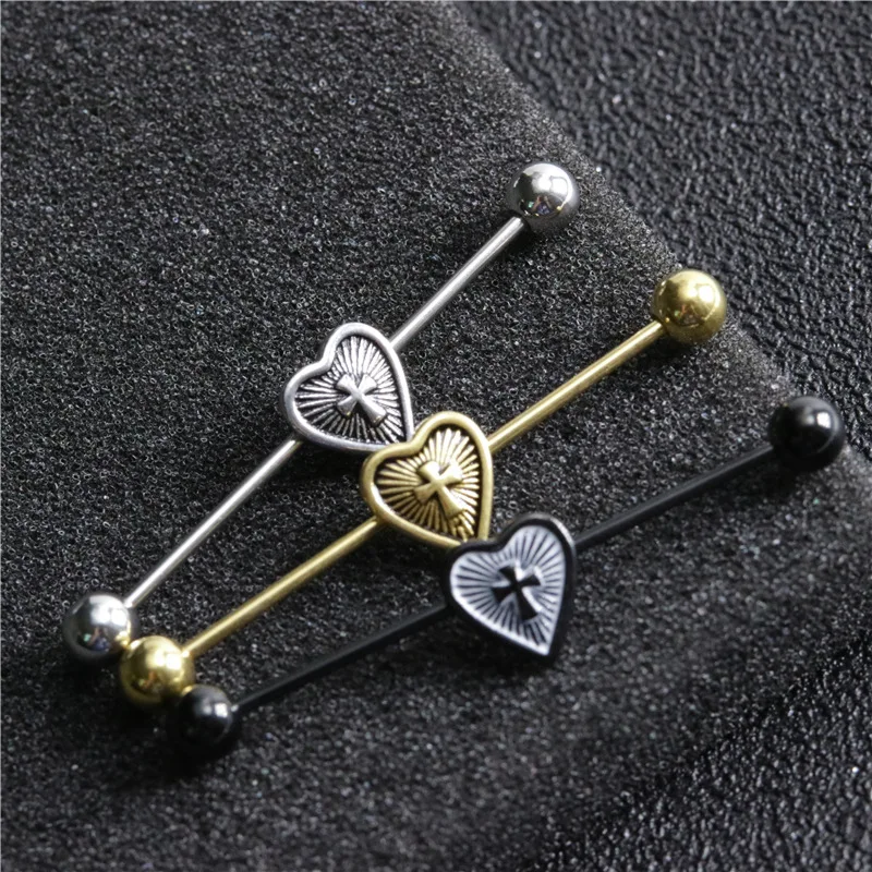 14G Cross Industrial Barbell Piercing Heart Earring Straigh Bar Cartilage Ear Piercing Barbells Body Jewelry Ear Piercing Ring