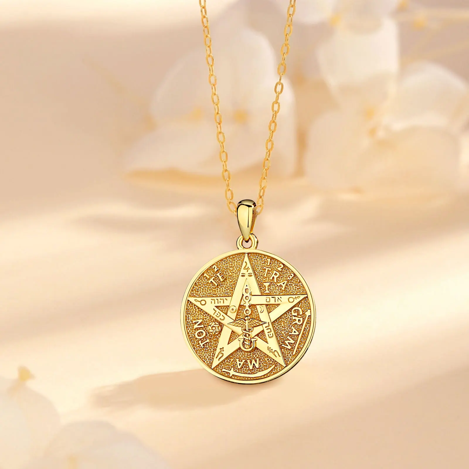 Eudora 925 Sterling Silver Pentagram Runes Necklaces for Women Man 18K Gold Amulet Guardian Star Tetragrammaton Pendant Gift