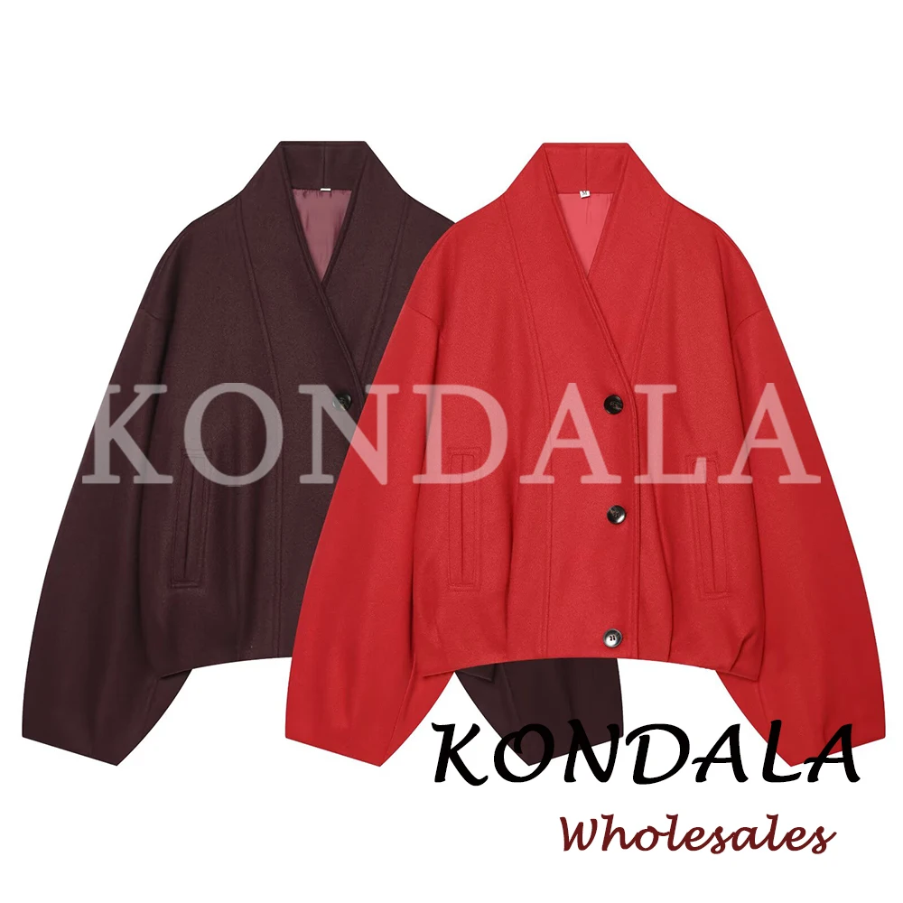 KONDALA Chic 2026 Vintage Autumn Oversized Red Women Jacket Streetwear Single Breasted Pockets Coat Vintage Loose Female Outwear