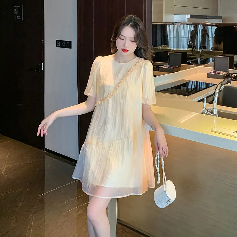 Vestido de gasa de manga corta nuevo para el verano 2025, falda acampanada adelgazante de estilo francés dulce elegante