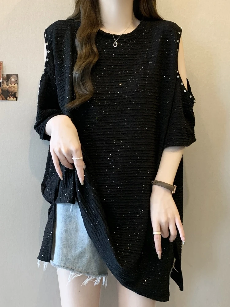 Loose Large Size Women's T-shirt Short Sleeve Shoulder Bared Belly Concealing Mid-Length Summer Top Comfortable Casual Wear