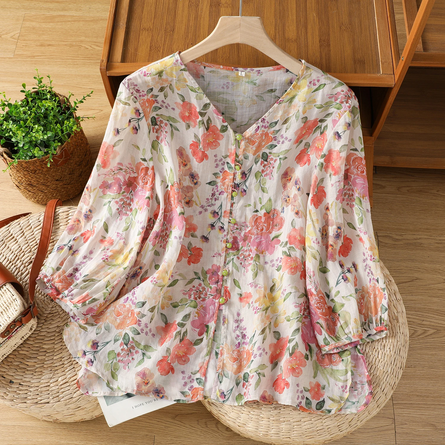 

New Summer Fashion Print V-neck Short Sleeve Chic Loose Casual Beach Elegant Blouse Shirts Women Vintage Office Ladies Tops