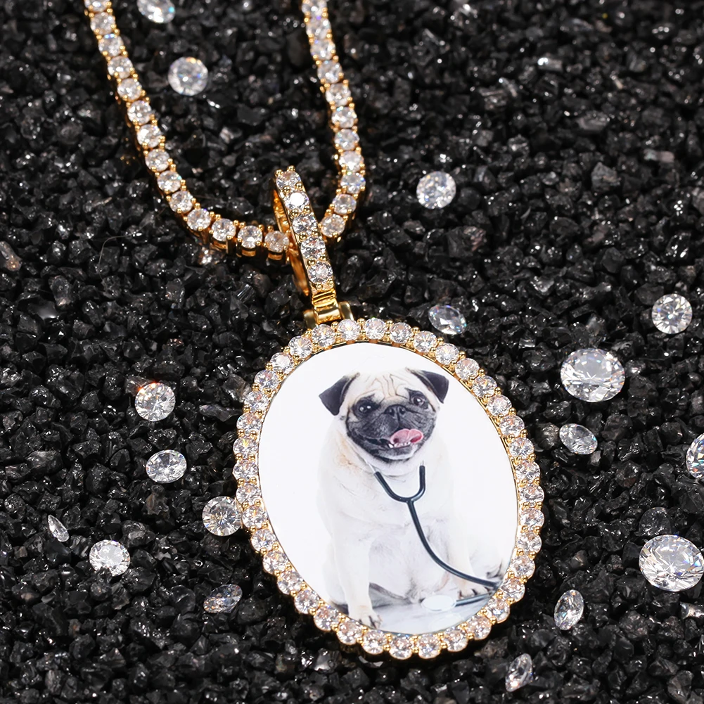 Uwin Customized CZ Oval Photo Pendant Necklace Engraved Name Charms DIY Memory Medallions Hip Hop Jewelry for Gift