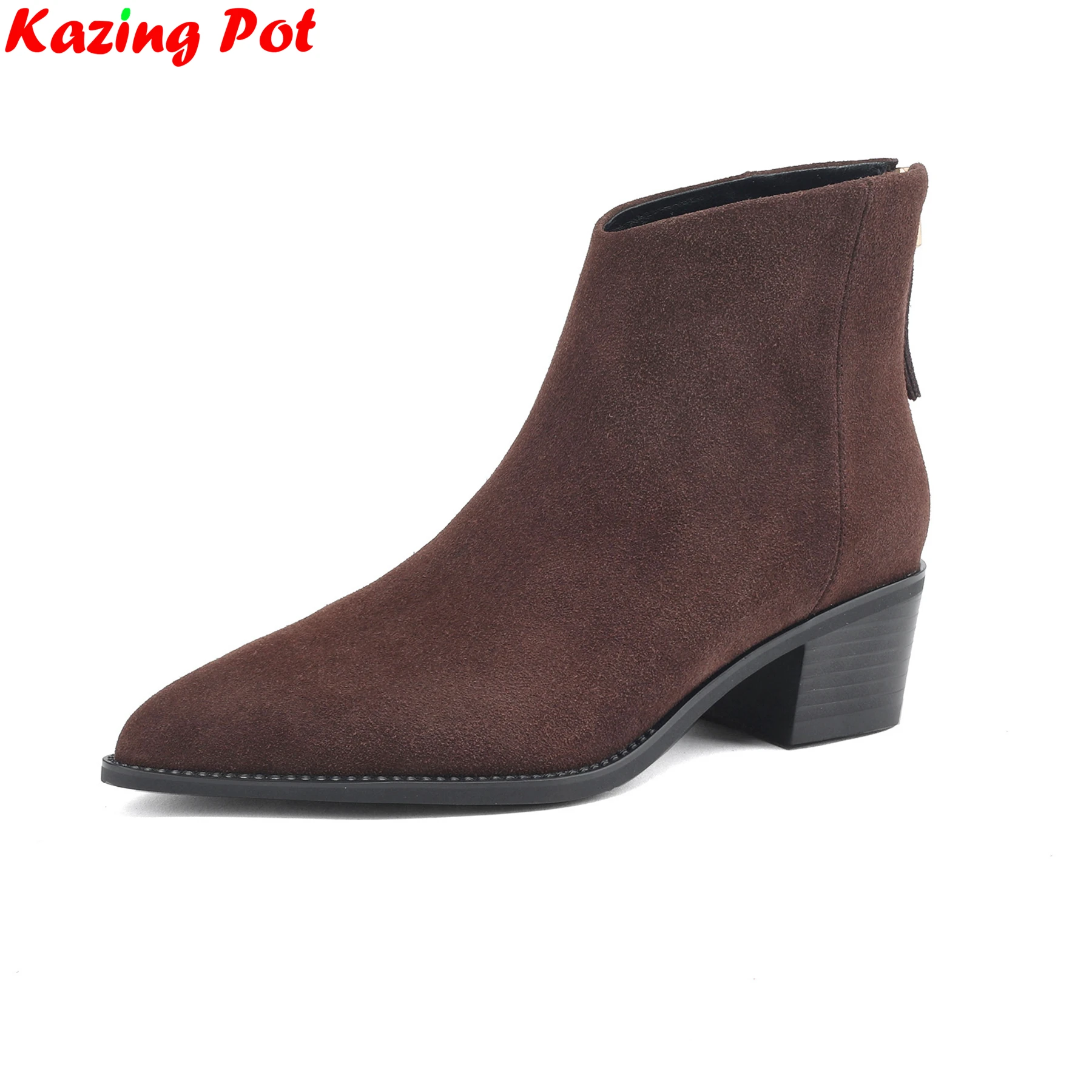 

Krazing Pot, большой размер 34–43, коровья замша, острый носок, молния, средние каблуки, современные ботинки челси в стиле ретро, теплая зимняя обувь, ботильоны для свиданий