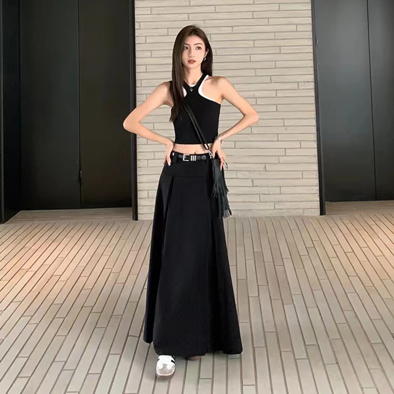 High Waist Black Pleated Skirt Autumn Korean Elegant Loose Preppy Suit Midi Skirt Y2K Ladies Solid All-Match A Line Skirts New