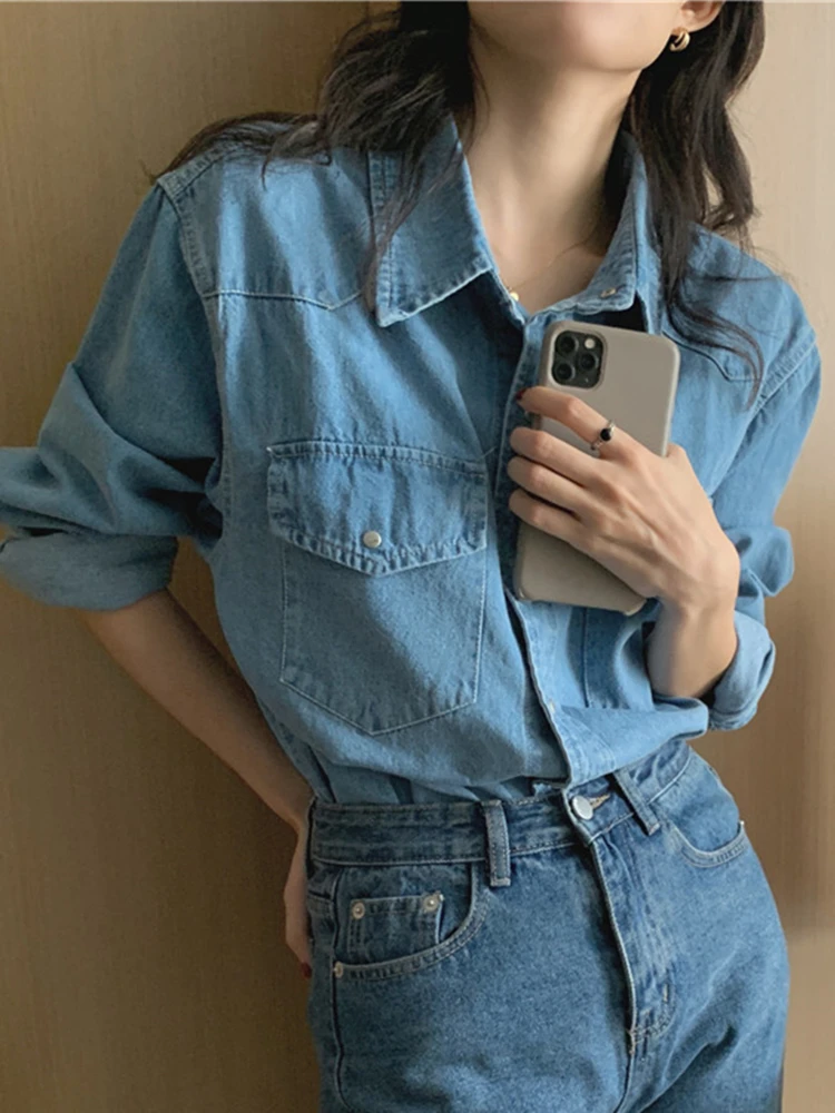 BL9350 New 2023 Casual Fashionable Denim Shirts Jean Pockets Korean Style Minimalist Autumn Winter Women\'s Blouses Lady Tops