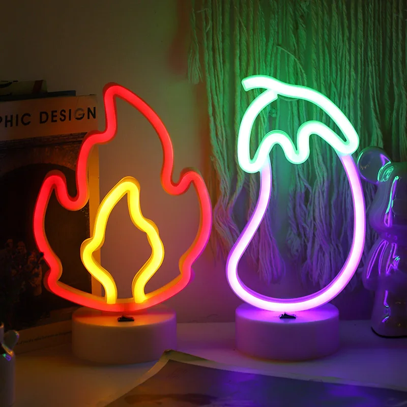 Flame Sign Neon Light LED Fire Flaming Logo Modeling eggplant Lamp Decor Shop Room Wall Table Bar Club Party USB & Battery Box