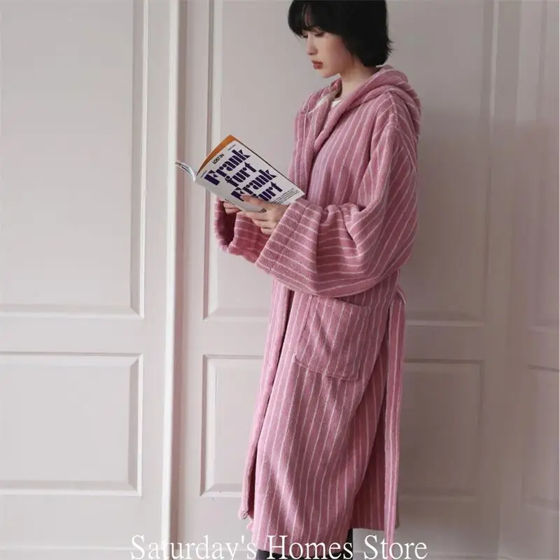 Striped Color ,atching Hooded Bathrobe, Pure Cotton Combed Cotton Jump Color Couple Towel, Absorbent Bathrobe