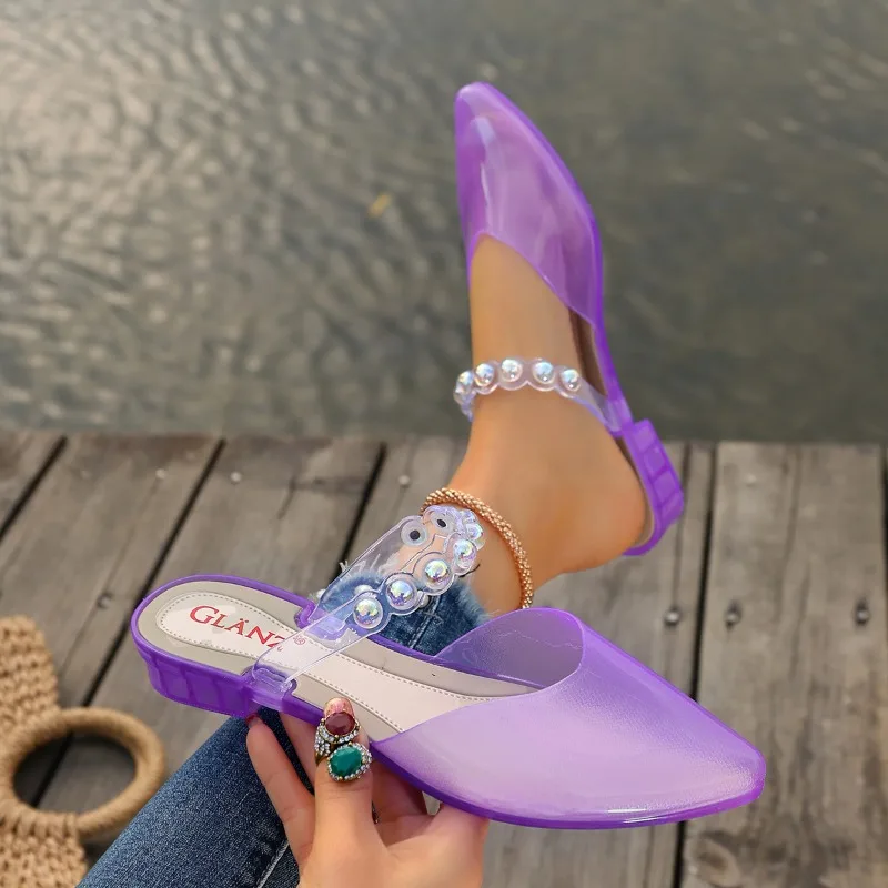 New Luxury Beaded Designer Women's Slippers 2026Summer Sexy Pointed Toe Slingback Mules Comfortable Beach Transparent Flip-flops