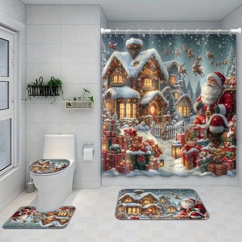 1/4pcs Christmas House Santa Claus Gift Box Printed Curtain, Waterproof Polyester Fabric, shower curtains for walk in sho