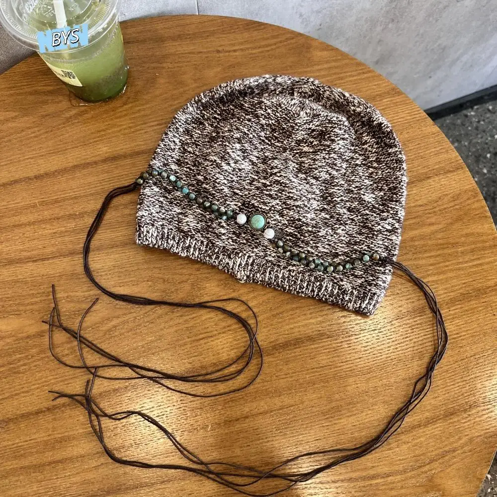 

Ethnic Style Bohemian Beanies Hat Coldproof Keep Warm Beaded Fringed Cap Solid Color Ear Protection Knitted Pullover Hat Autumn