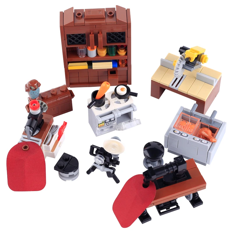 MOC City Street View Supermarket Building Blocks Home Furniture Shelf Storage Rack Sewing Machine Camera Foods Bricks Toy Gifts