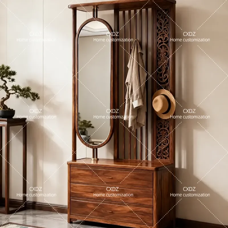 New Chinese Style Solid Wood Coat Rack with Mirror Entryway Foyer Cabinet Light Luxury Clothes Hanging Stand Floor Standing