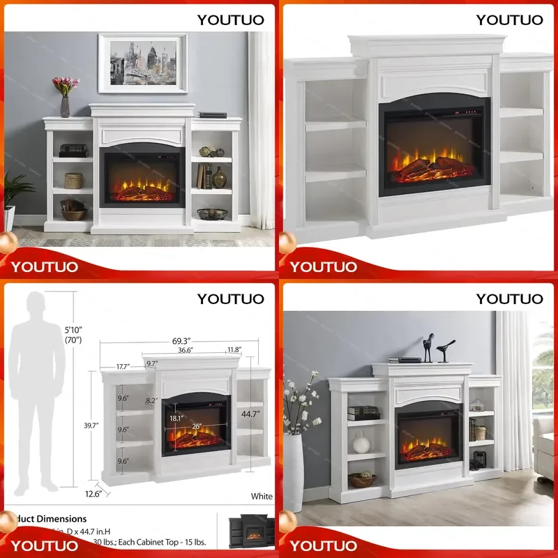 Y Home Lamont 69 Inch Electric Fireplace with Mantel Shelves Replaceable Insert Heater Remote Control Tool Parts