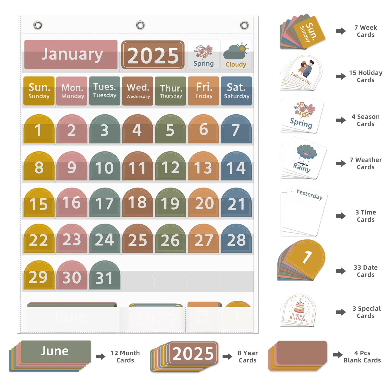 Gráfico de bolsillo con calendario grande con 96 tarjetas bohemias para el calendario mensual en el aula y gráfico de bolsillo meteorológico para aprendizaje de niños
