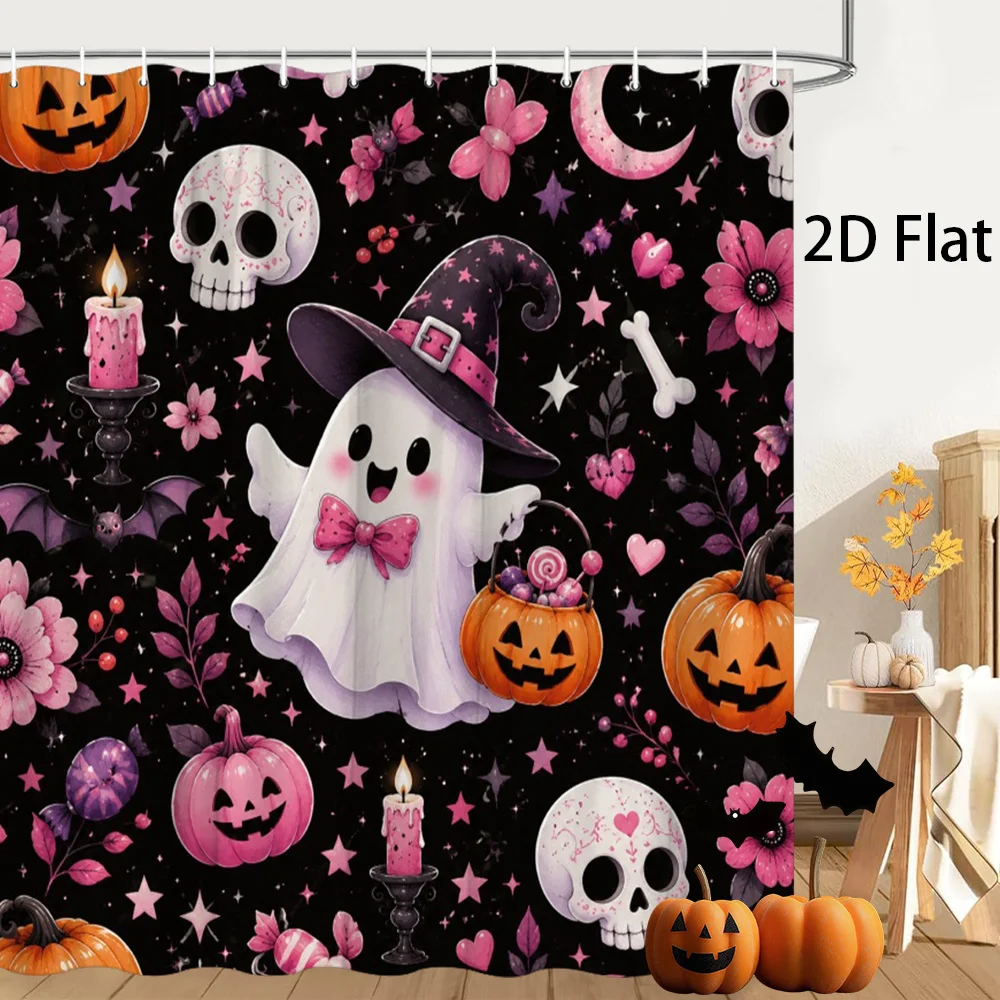 Cute Ghost Shower Curtain, Pink Skull & Pumpkin Print Waterproof Bathroom Decor, Girly Spooky Halloween Home Bath Screen