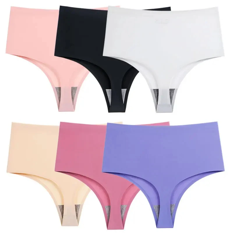 3XL Plus Size Ice Silk Thongs for Plump Women High Waist Seamless Solid Underwear Large Shapewear Abdomen Hips G-String T-Back
