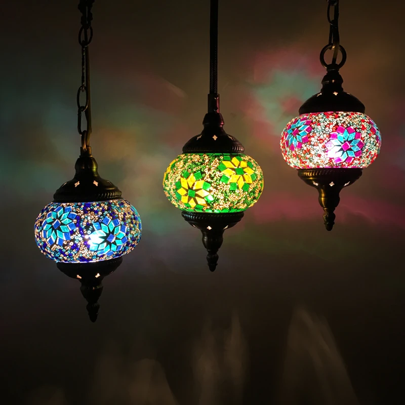 DIY Turkish Mosaic Pendant Lights Vintage Mediterranean Handcrafted Led Stained Glass Hanging Lamps for Bedroom Home Art Decor