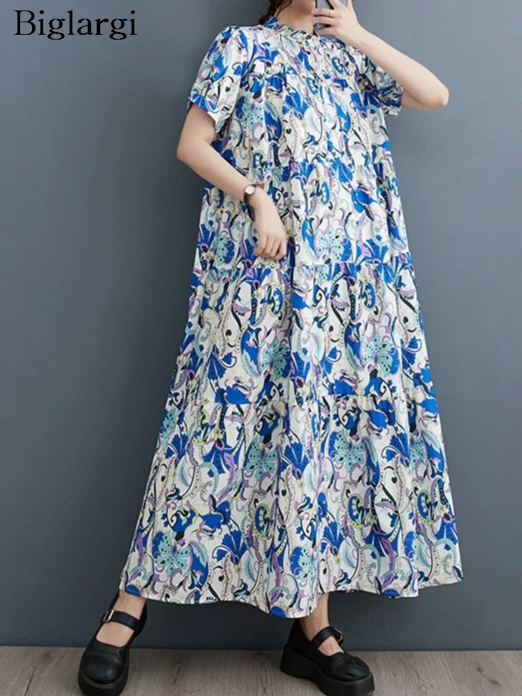 Oversized Summer Long Dress Women Floral Print Modis Casual Loose Ladies Dresses Short Sleeve Ruffle Pleated Woman A-Line Dress