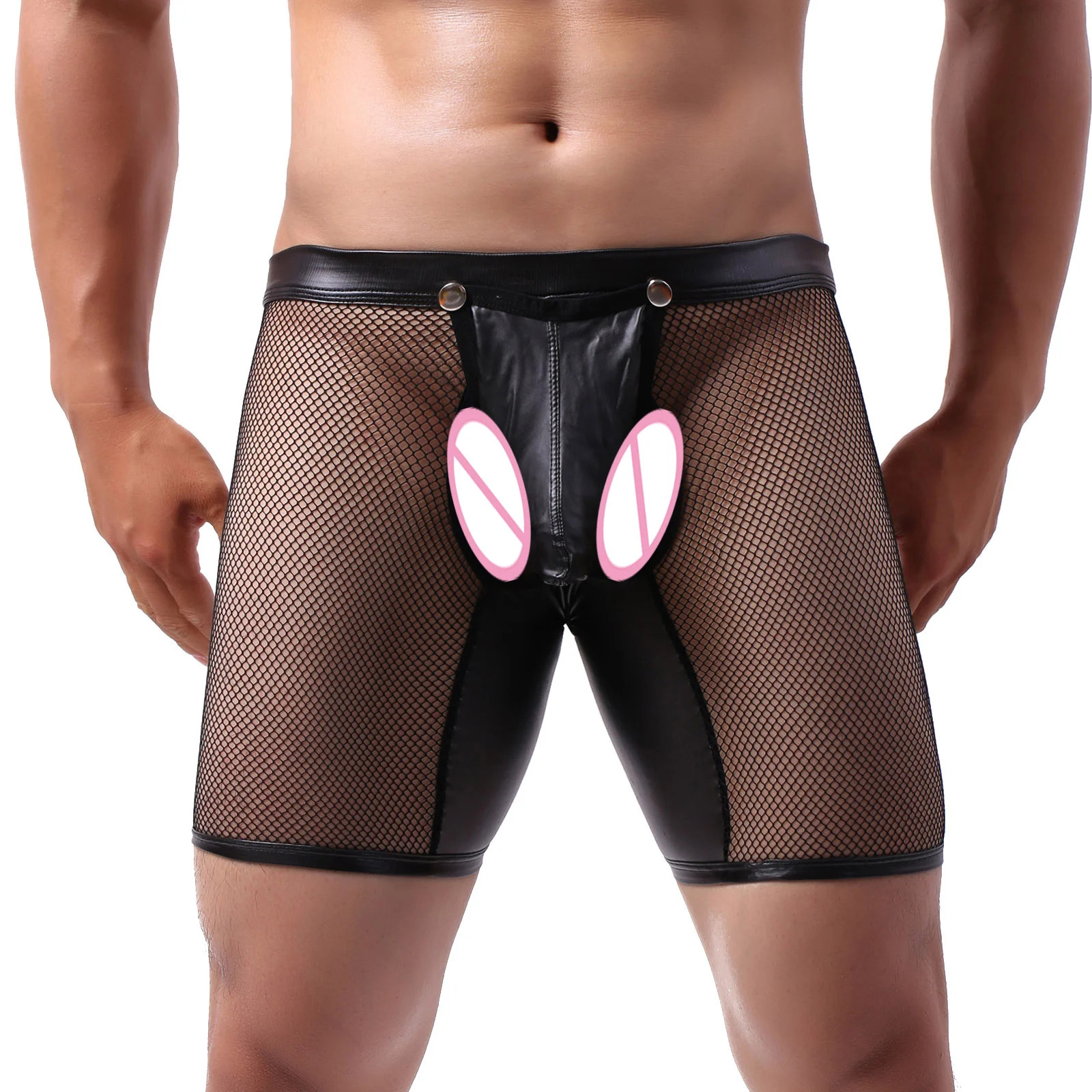 Men's  Boxer Shorts Removable PU Penis Pouch Crotchless Underwear U Convex Open Butt Trunks See Through Mesh Exotic Lingerie