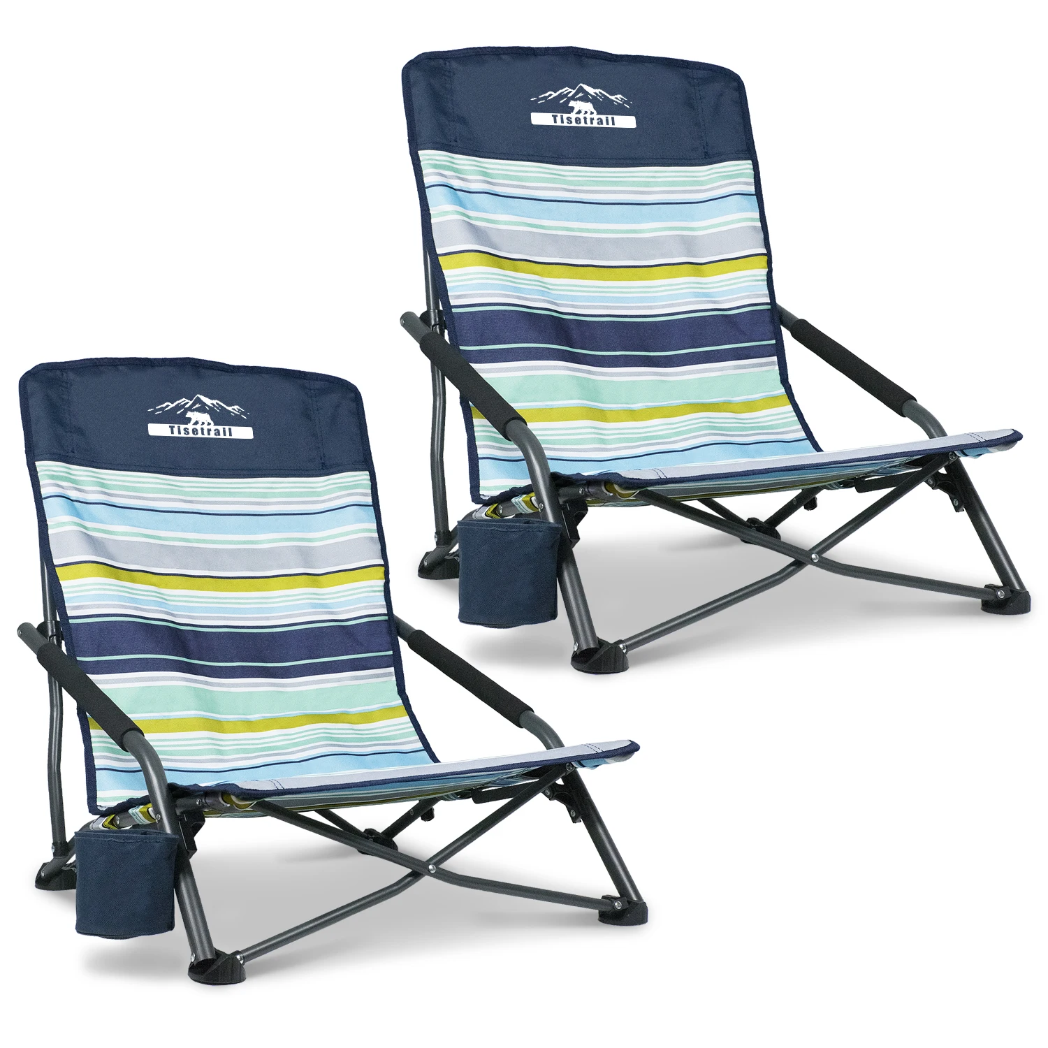 Tisetrail 2-Pack Portable Beach Chair for Adults Low Back Sling Chair with Cup Holder Folding Mesh Sand Chair Navy Strip