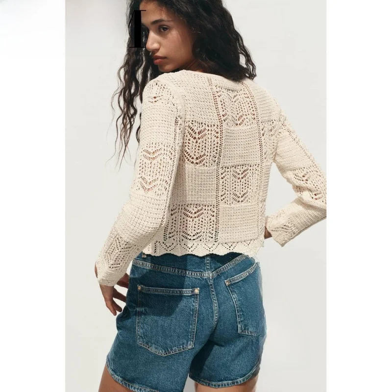 

Summer New Women's Knitted Long Sve round Ne Me Sweater Embroidered Eyelet Knitwear Button Decorated Open Cardigan
