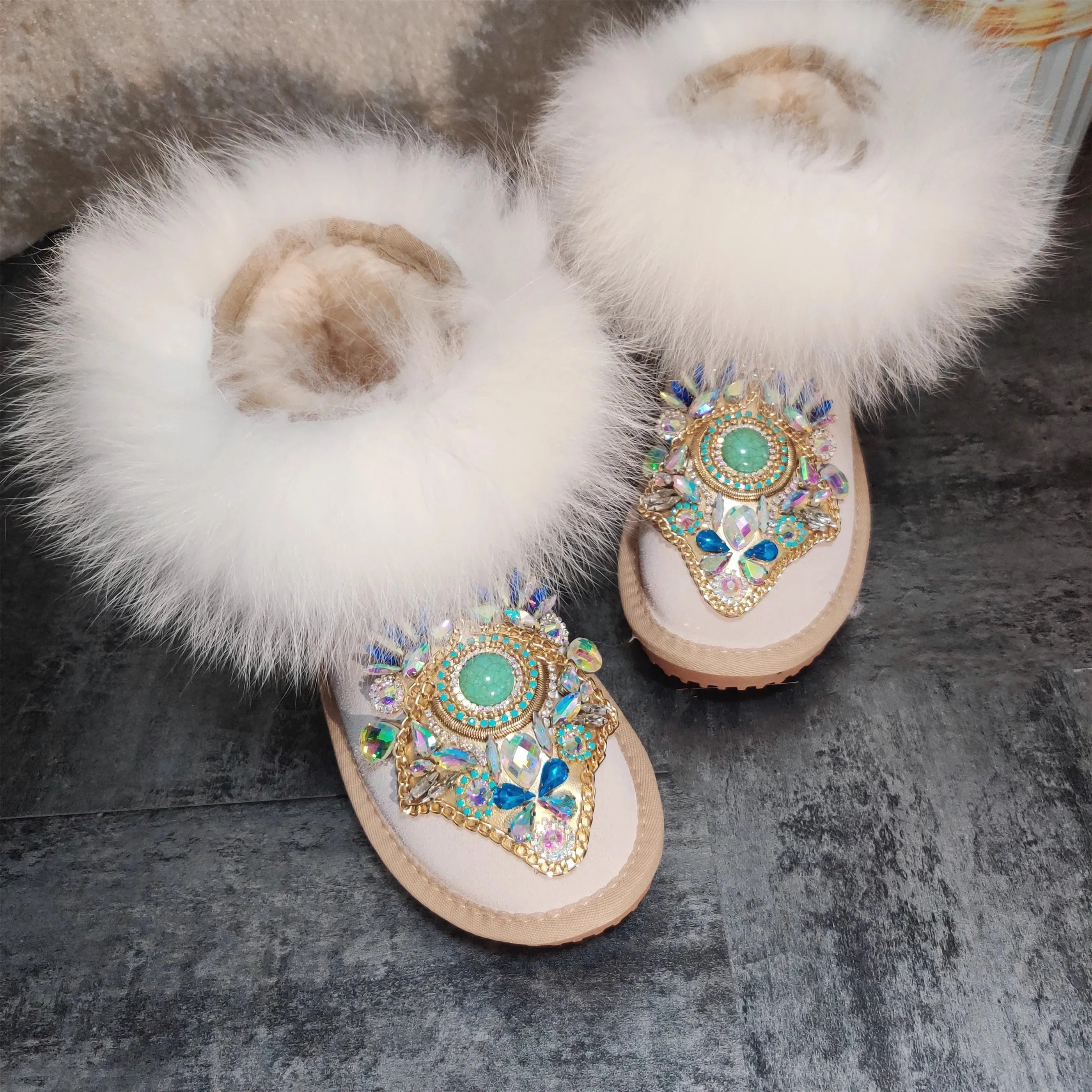 

Turquoise Blue Gem Exotic Crystal Embellished Snow Boots Fox Fur Top Cow Leather Multi Rhinestone Winter Fluffy Fur Boots