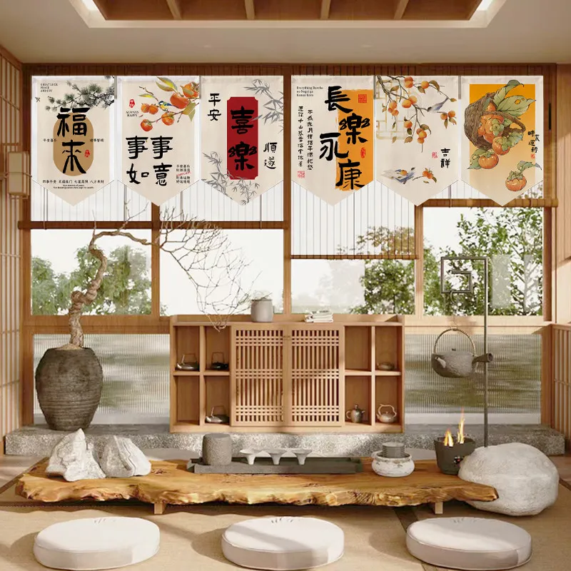 VIKAMA Noren Curtain Chinese Style Triangle Banner Half Curtain Door Window Decor for Tea House Kitchen Balcony