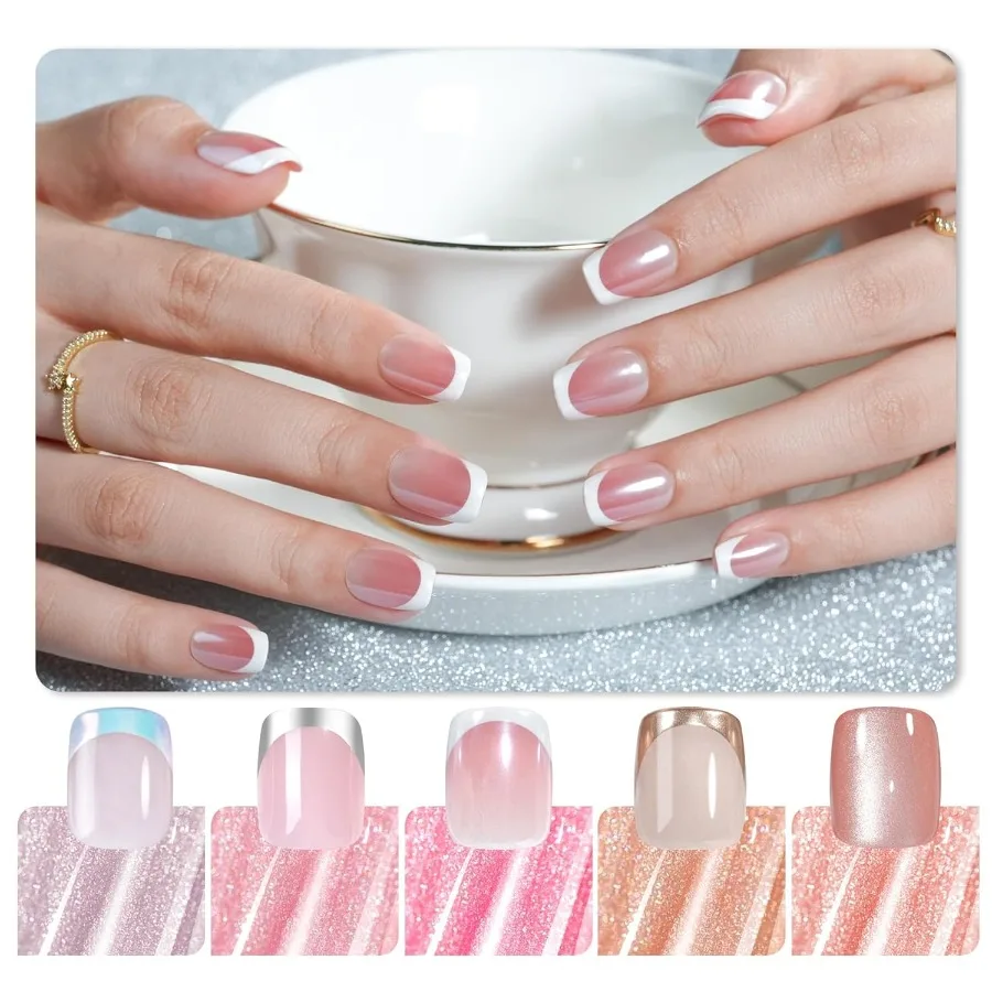 

Короткий набор French Tip Press on Nails с мягкой гелевой отделкой для быстрого и простого нанесения. 5, стильный дизайн, включая белое серебро.