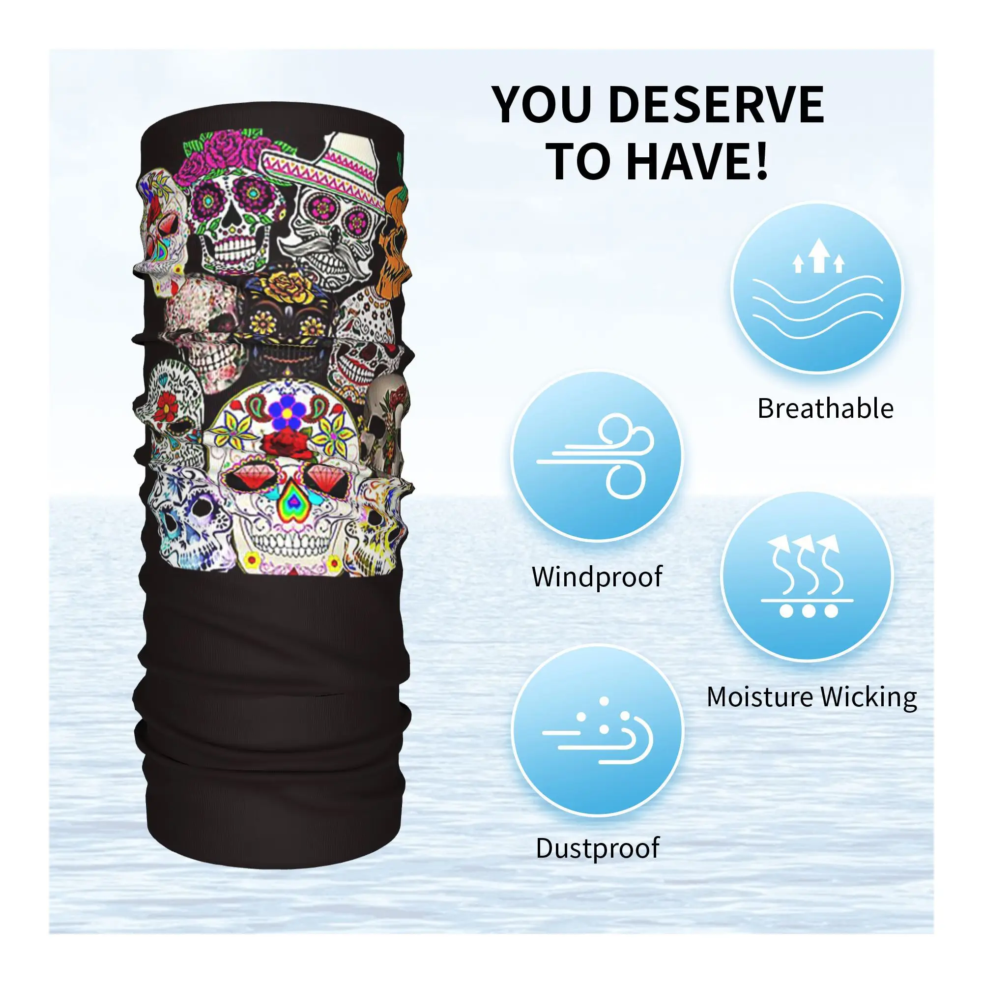 죽은 자의 날 예술 멕시코 설탕 해골 두건 넥 커버 프린트 랩 마스크 스카프 따뜻한 사이클링 스카프 라이딩