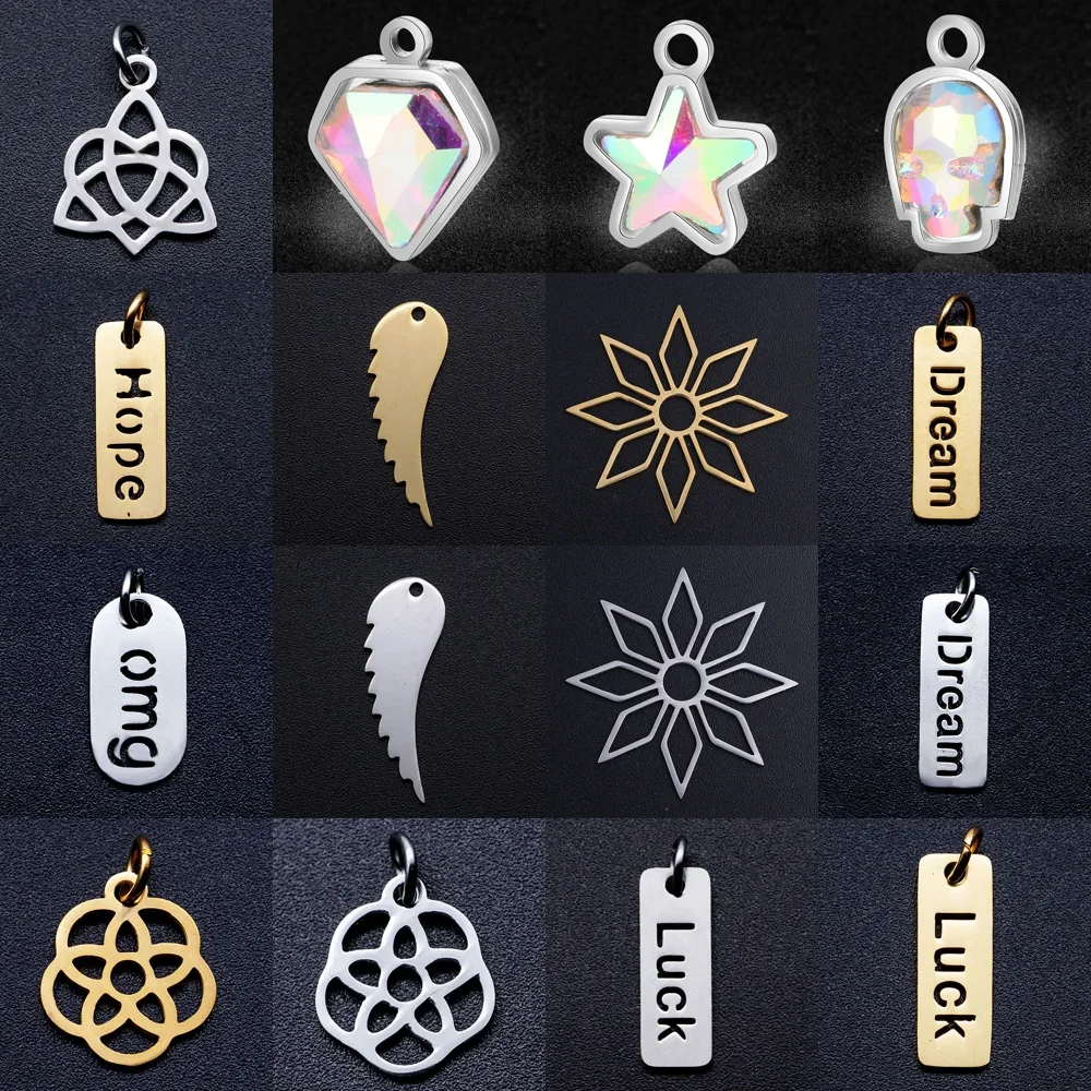 5pcs/lot Star Skull Crystal DIY Charms Wholesale Stainless Steel Luck Dream Hope Knot Pendant Boy Girl Angel Wing Lotus Charm