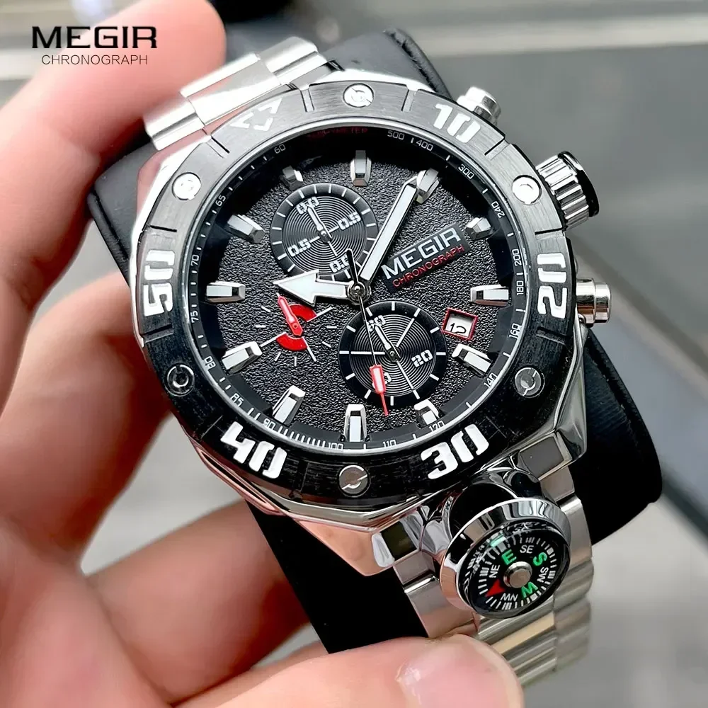 MEGIR Silver Quartz Watch Men Waterproof Luminous Sport Chronograph Wristwatch with Decorative Compass Date Stainless Steel Band