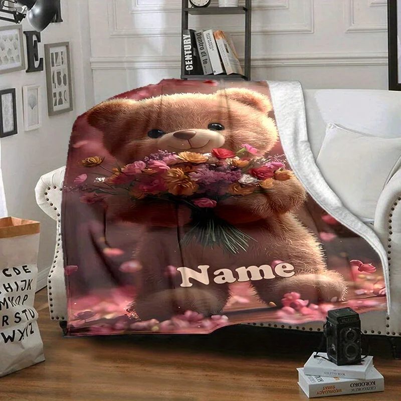 Custom name teddy bear plush fleece blanket, soft, suitable for sofa, bed, office, birthday, children, friends, gifts