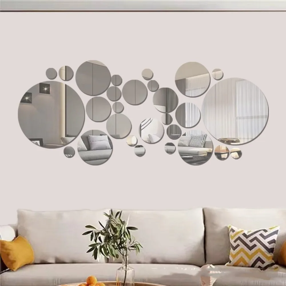 32Pcs Modern 3D Mirror Wall Sticker Circle Silver Mirror Decals Self-Adhesive Art Ornaments Home Background Decoration