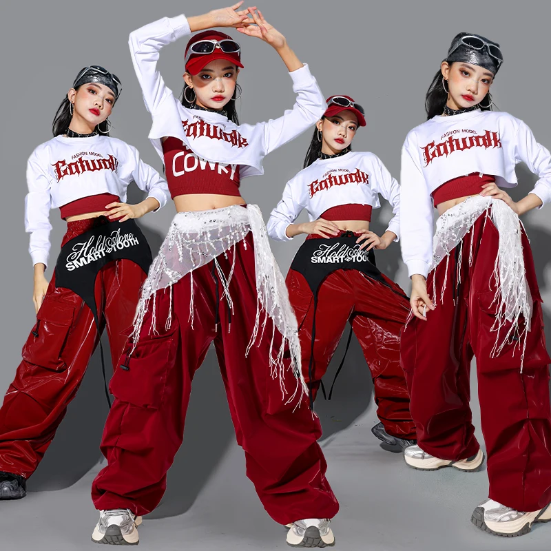 ジャズダンス服女の子 Kpop ステージ衣装赤ヒップホップズボン学校パフォーマンスショー衣装子供ストリートダンスウェア AMY2786