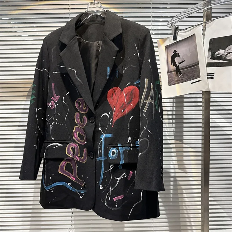 Letter Graffiti Print Blazer Jacket Women Streetwear Fashion Single Breasted Black Suit Jacket Loose Chic Blazers Coat Female