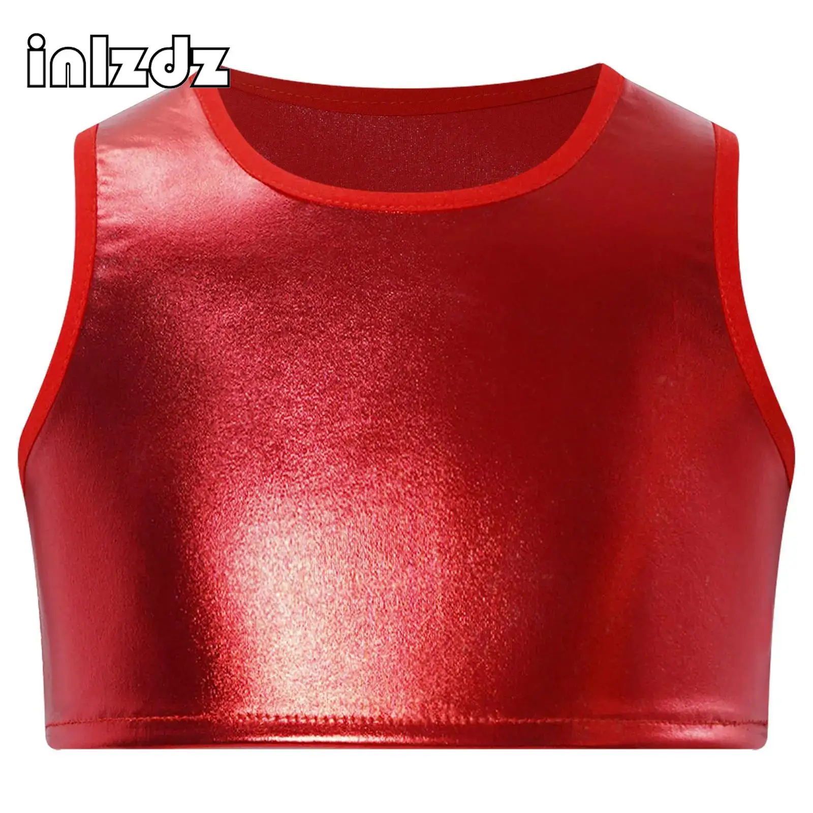 

Kids Girls Metallic Jazz Dance Tops Round Neck Sleeveless Crop Top Stage Performance Vest for Cheerleading Carnival Party