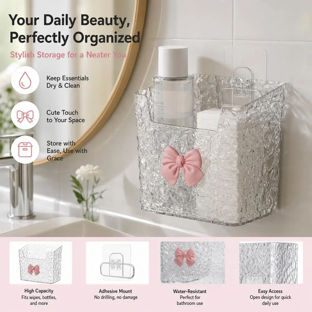 No Drill Wall Mounted Bathroom Storage Shelf,Adhesive Organizer Rack for Toiletries,Towels & Facial Tissues, Space Saving Holder