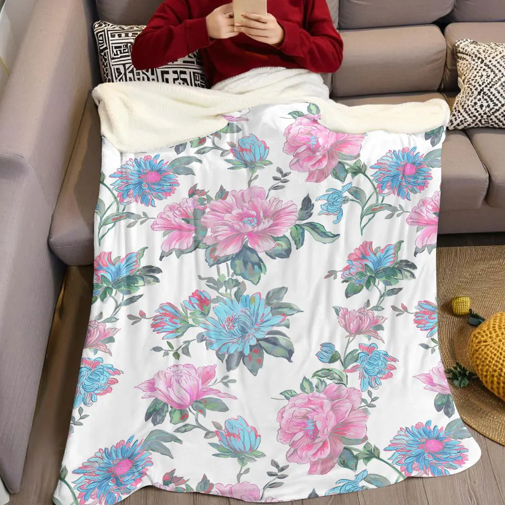 Vintage Peony Chintz Flannel Blanket Warm Soft Halloween Christmas Decorative Couch Warm Cozy All-Season Gift