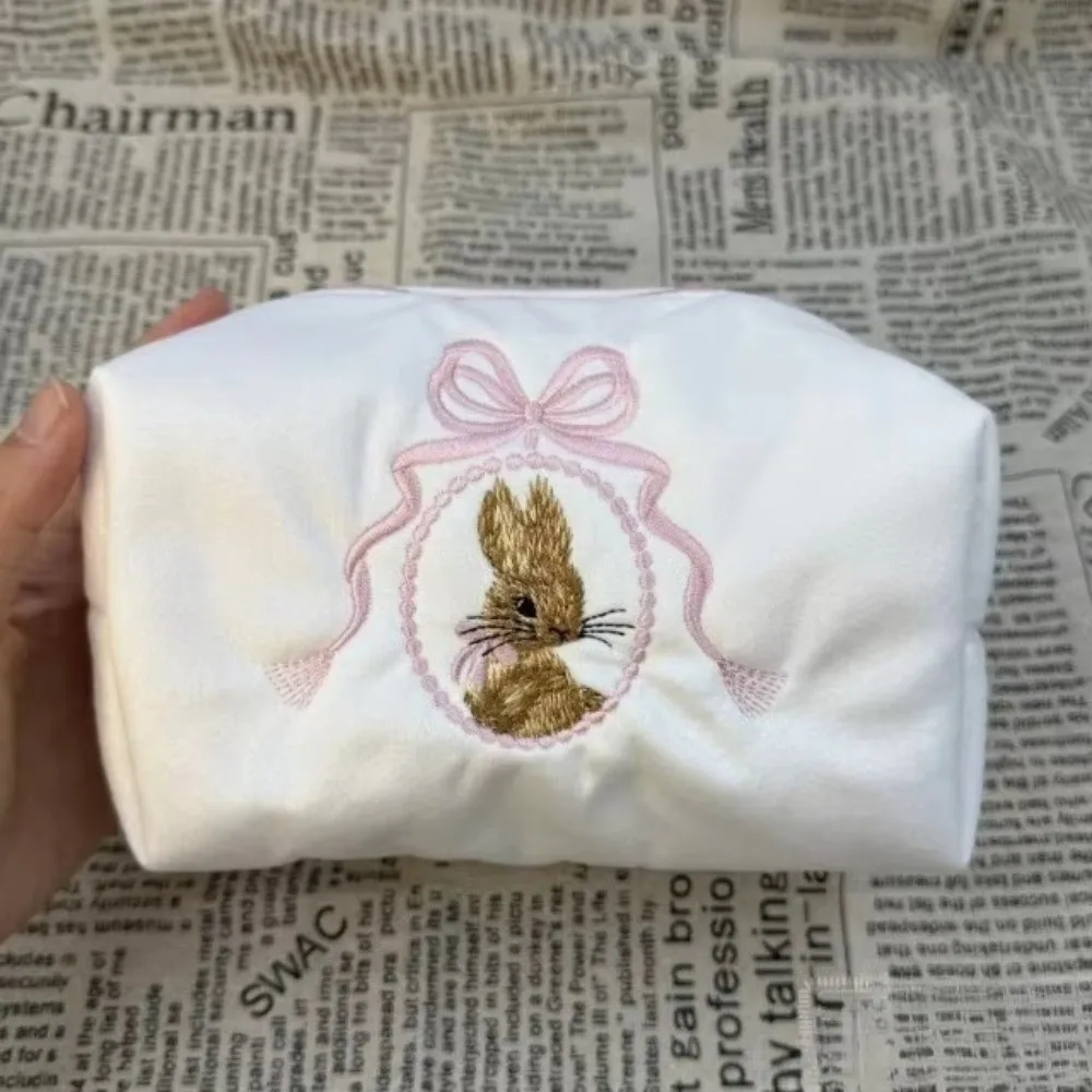 Kawaii Rabbit Cosmetic Bag Lace Bow Zipper Closure Makeup Organizer Large Capacity White Pink Travel Toiletry Bag Women Girls