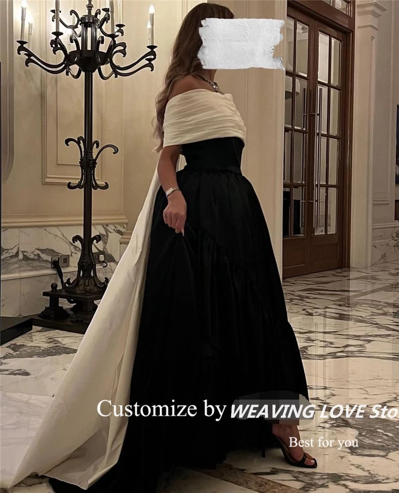 Ivory Black Taffeta Formal Prom Dresses Off The Shoulder Sleeves Long Tail A Line Party Evening Gowns