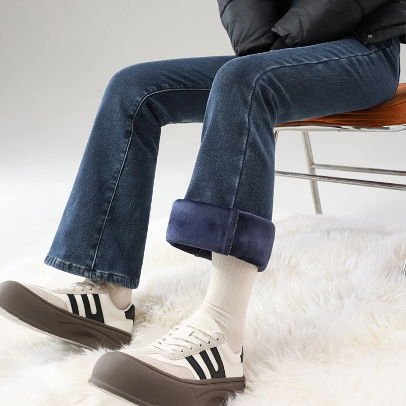 الشتاء المرأة الدافئة الصوف الجينز خمر سليم مضيئة السراويل مرونة الأزياء الكورية الإناث أفخم المخملية الحرارية سراويل جينز #6