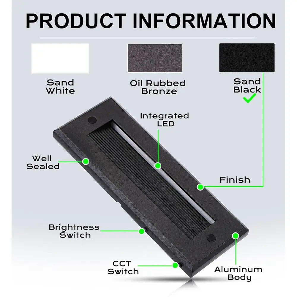 Luzes de passo externas LED 5CCT de 10 polegadas com brilho duplo, 12V-15V, 3W/5W, deck de alumínio preto e iluminação de escadas