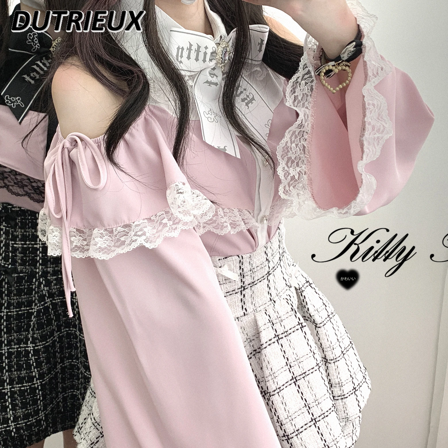 Japanese Original Love Gem Ribbon Horn Long-sleeved Women Tops Sweet Girls Lace Blouse Off-the-shoulder Mine Cute Shirt