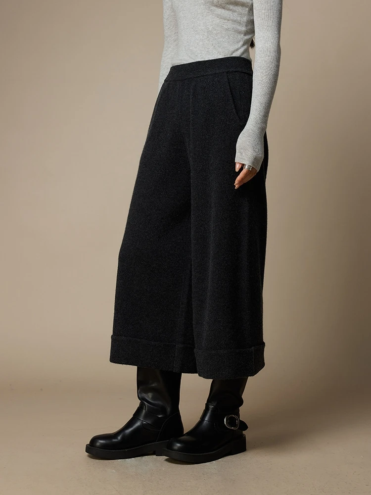Birdtree, 100% Sheep Wool Capri Pants, Women's Wide Leg Loose Casual Trousers, Elastic High Waist, 2026 Autumn Pants P69418JF