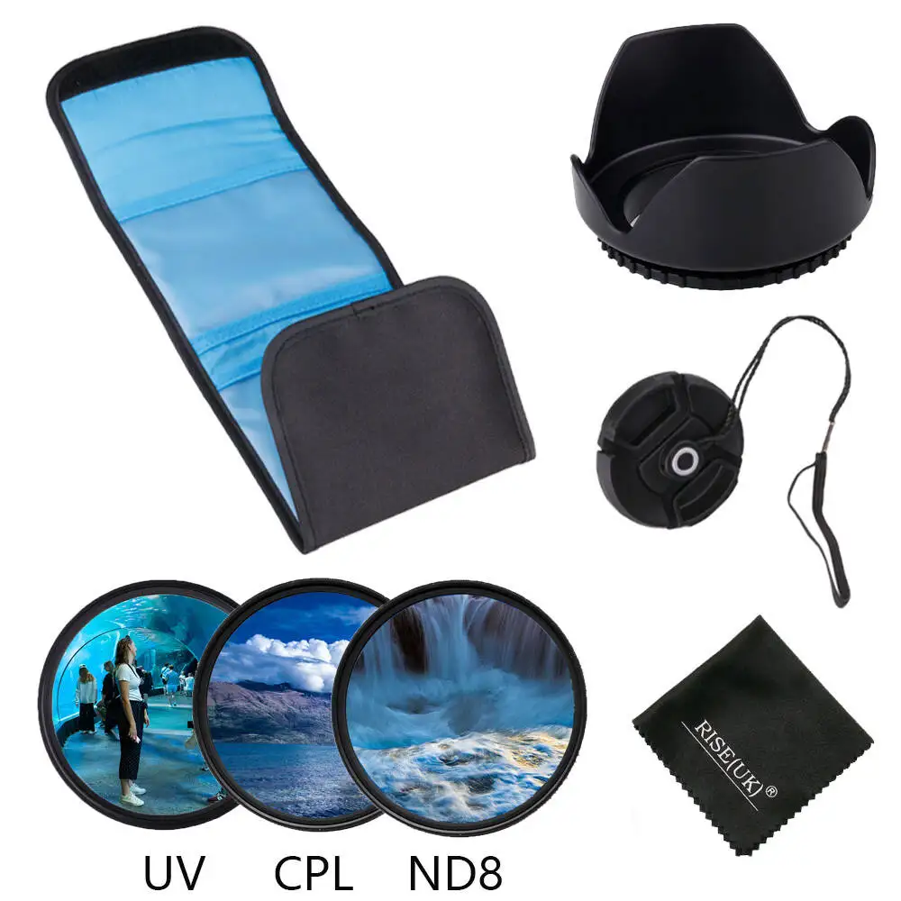 RISE(UK) 49/52/55/58/62/67/72/77mm filter UV CPL ND8 hood +cloth +bag lens filter set for Nikon Cannon Sony Pentax Fujifilm lens