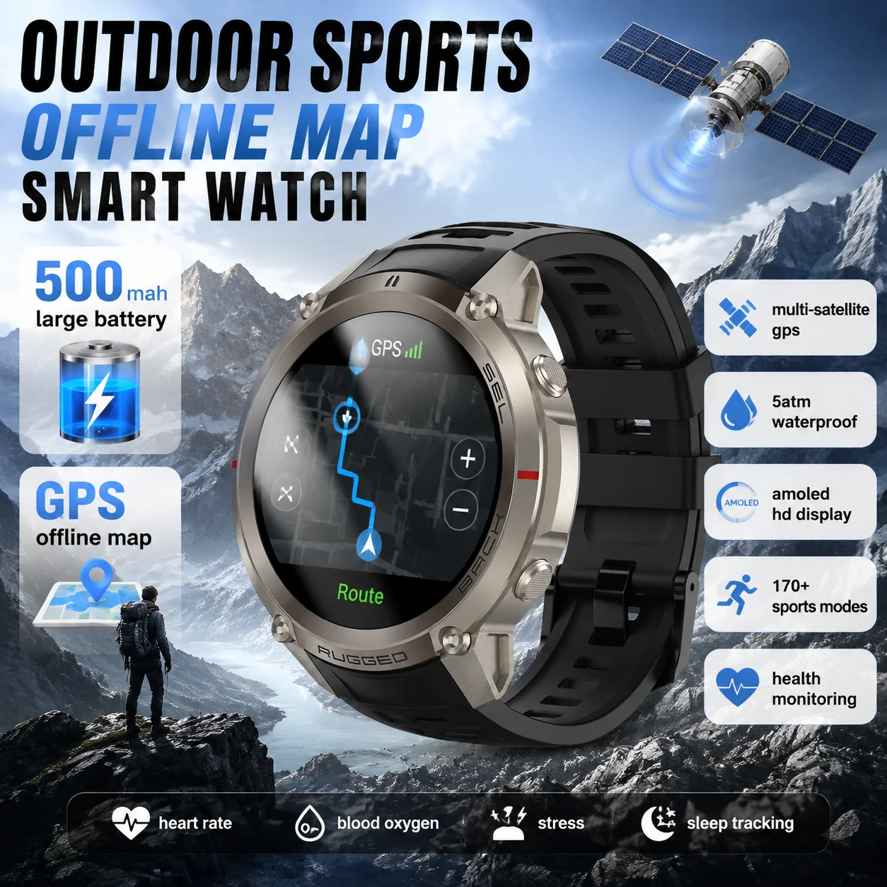 Nouvelle montre connectée 2026 avec écran AMLED de 1,43 pouce, GPS six étoiles, cartes hors ligne HD, appels Bluetooth, boussole, altimètre, bracelet de sport extérieur