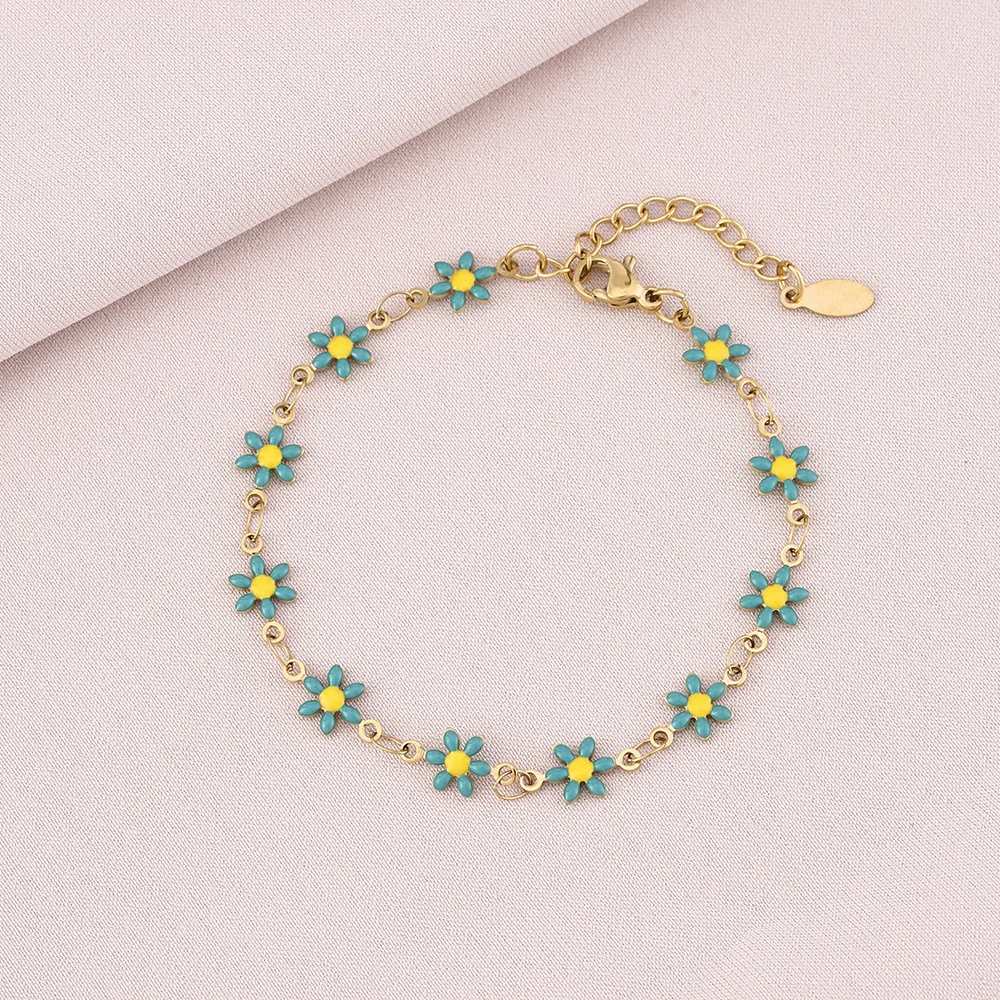 Fashion Stainless Steel Colorful Enamel Flower Bracelet For Women Lovely Girls Exquisite Wrist Chains Birthday Jewelry Gifts