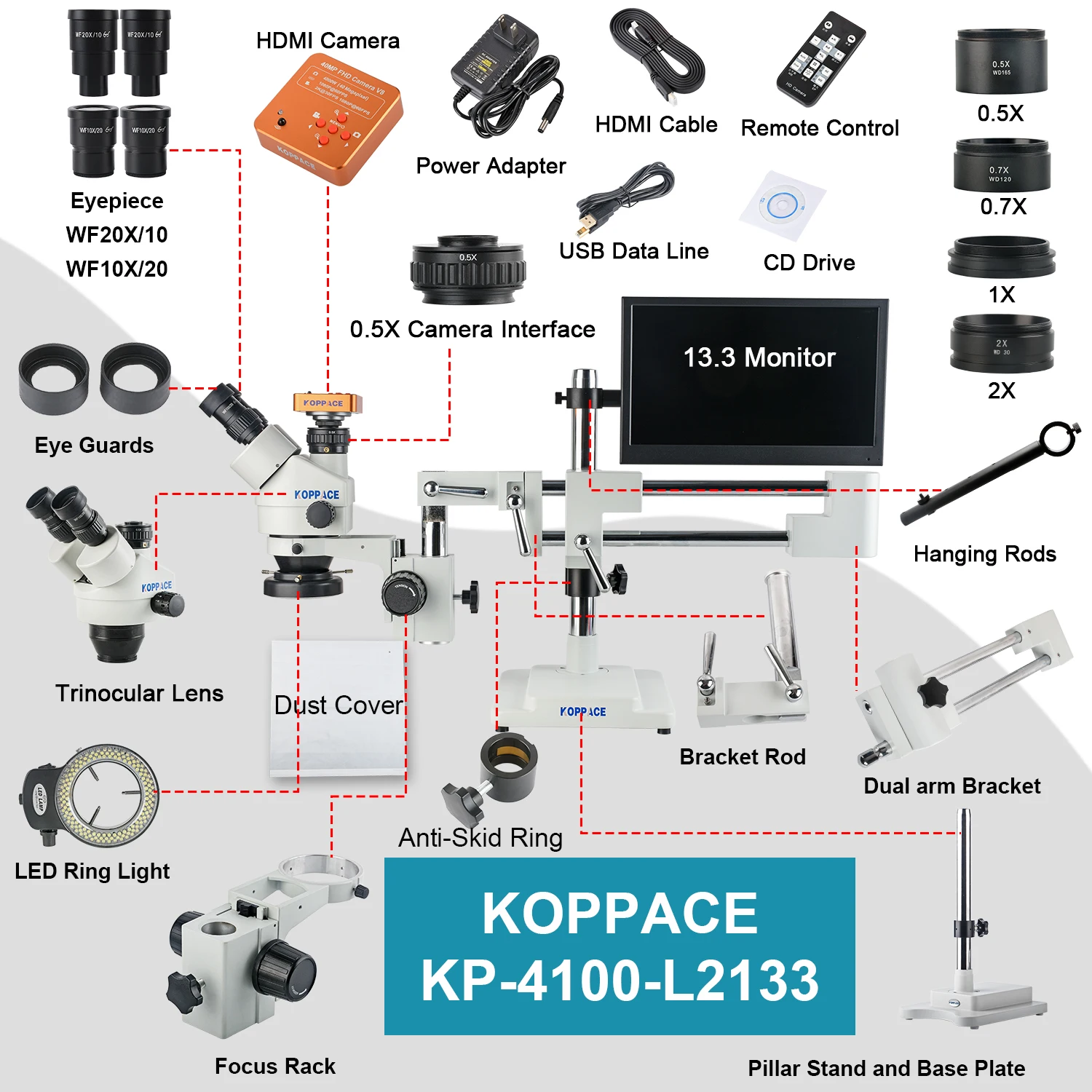 KOPPACE Triocular Stereo Electron Microscope 3.5X-180X Dual-Arm Bracket Continuous Zoom Lens 13.3 