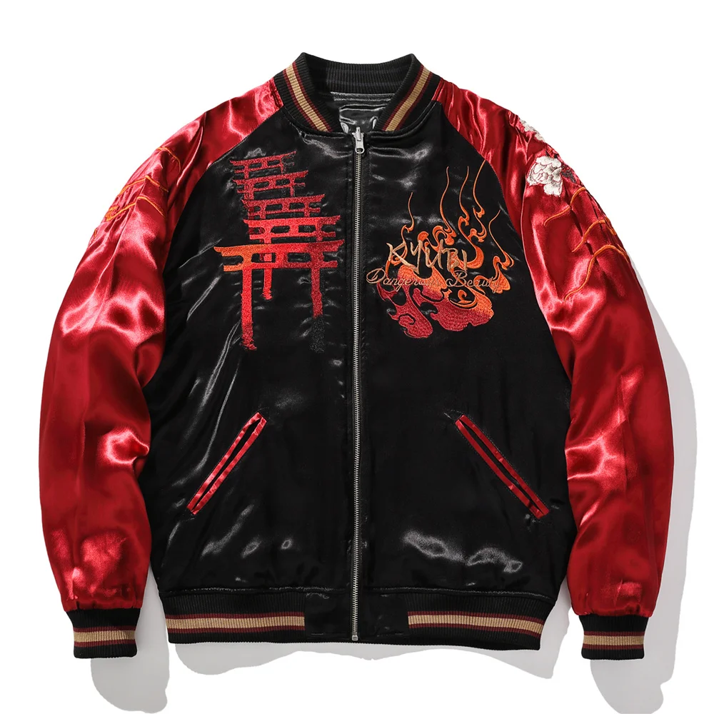 Yokosuka Style Geisha Fox Mask Embroidered Red Jacket Japanese Men Baseball Streetwear Harajuku Hip Hop Clothing Autumn Coats